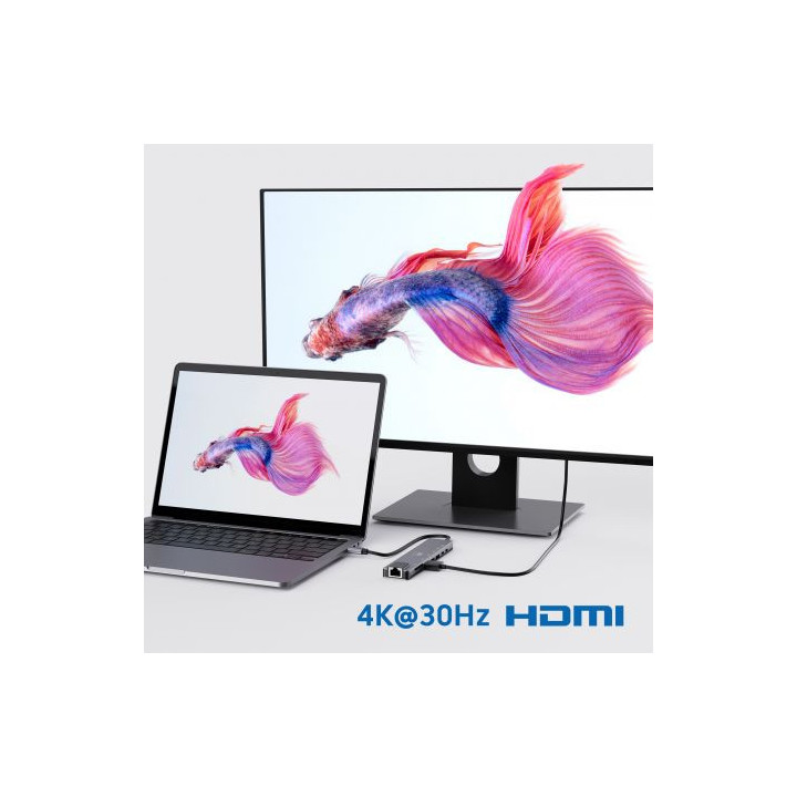 Ewent EW1146 Dock USB-C 8 em 1 | HDMI 4K + Rede + USB