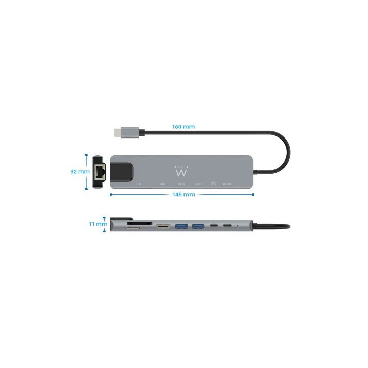 Ewent EW1146 Dock USB-C 8 em 1 | HDMI 4K + Rede + USB