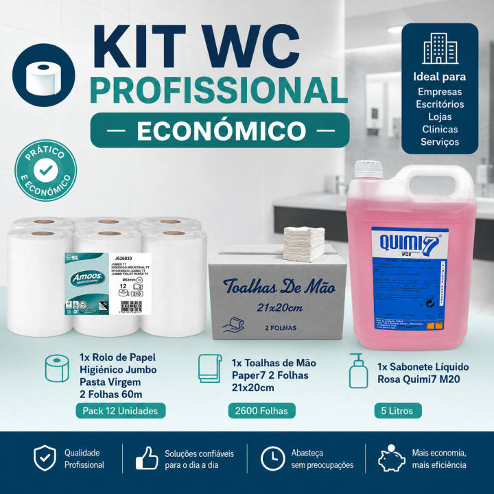 Kit WC Profissional Económico | Papel Jumbo, Toalhas e Sabonete | BJD