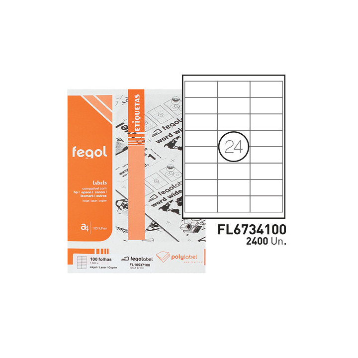 Etiquetas A4 67x34mm Brancas Fegol Caixa de 100 Folhas FL6734