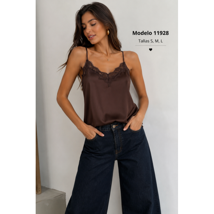 Top acetinado com renda e alças finas 11928