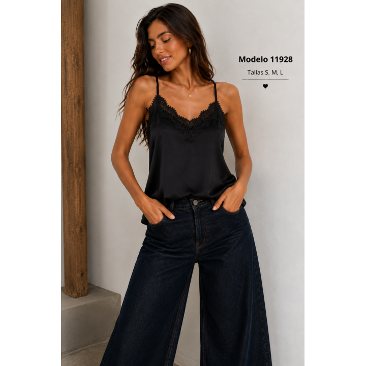 Top acetinado com renda e alças finas 11928