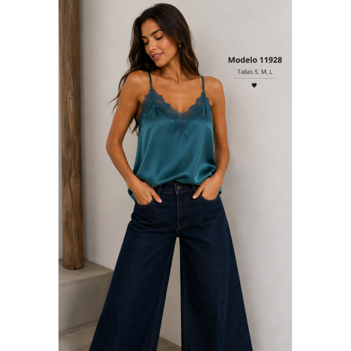 Top acetinado com renda e alças finas 11928