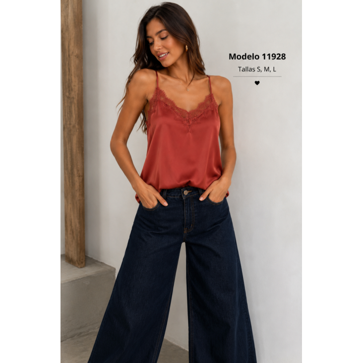 Top acetinado com renda e alças finas 11928