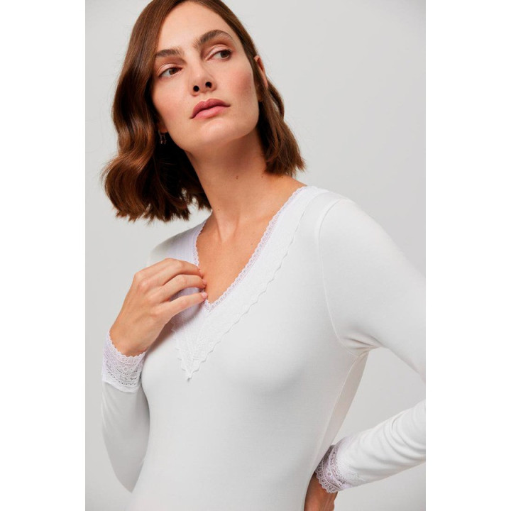 Ysabel Mora 70009 Camisola térmica em algodão manga comprida com decote em V
